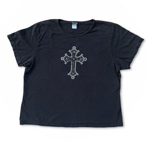 Y2K Bedazzled Cross Women’s Black T-shirt Tee Size XL